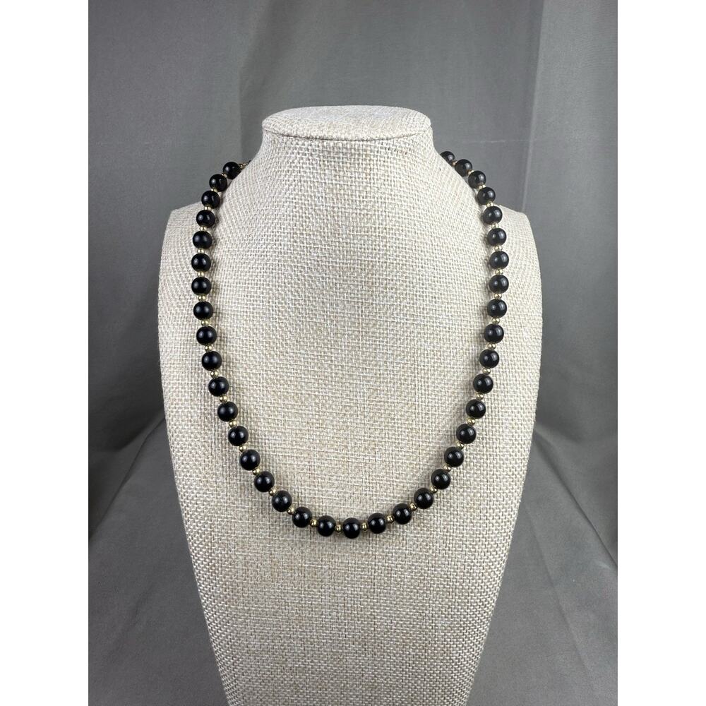 Vintage Signed Monet Necklace Black & Gold Beaded Hook Clasp Chain Extender